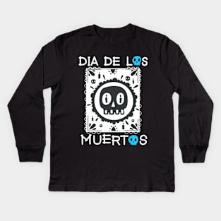 Dia De Los Muertos - White and Blue - Papel Picado - Black Skull Kids Long Sleeve T-Shirt